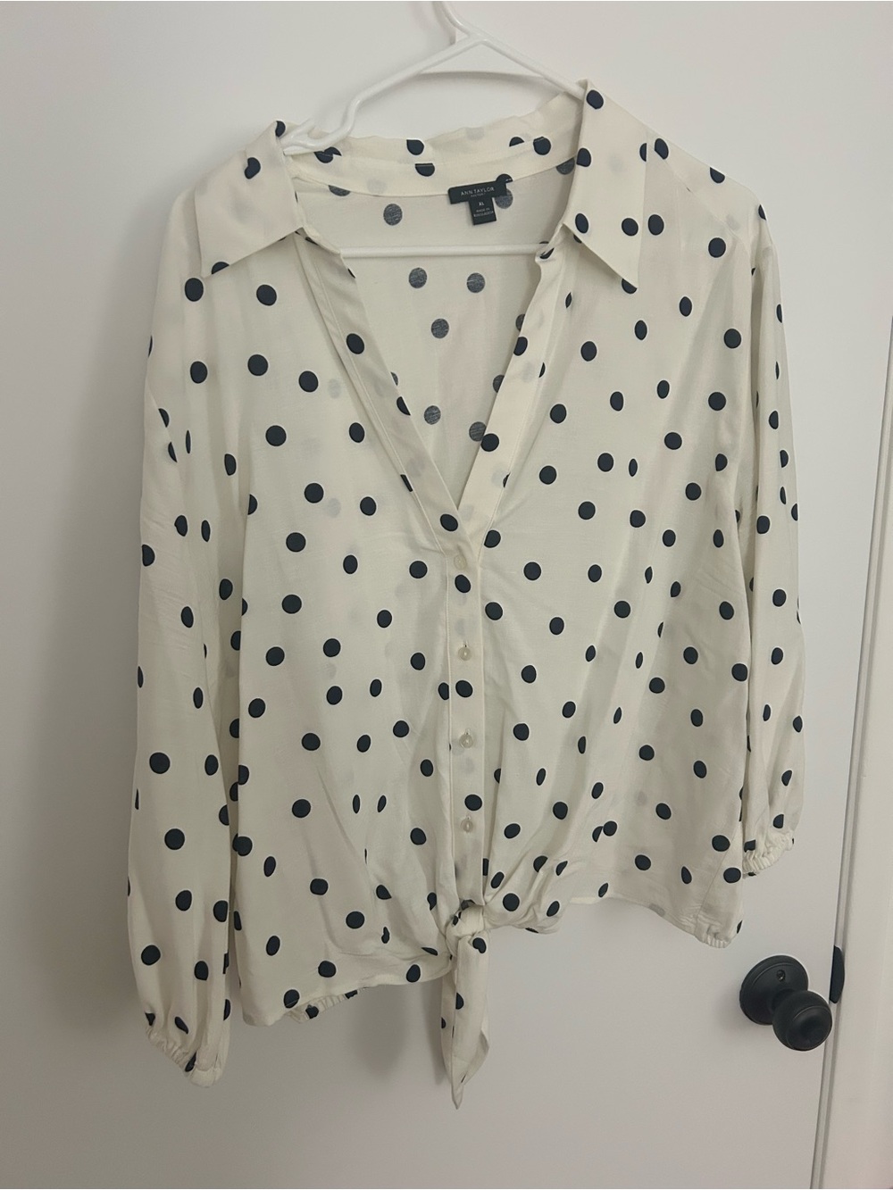 Ann Taylor Factory Ivory Polka Dot Button-Tie Blouse